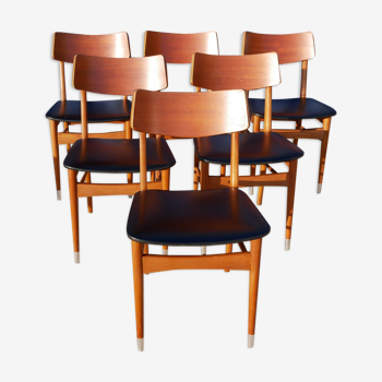 6 scandinavian chairs in wood and black leather