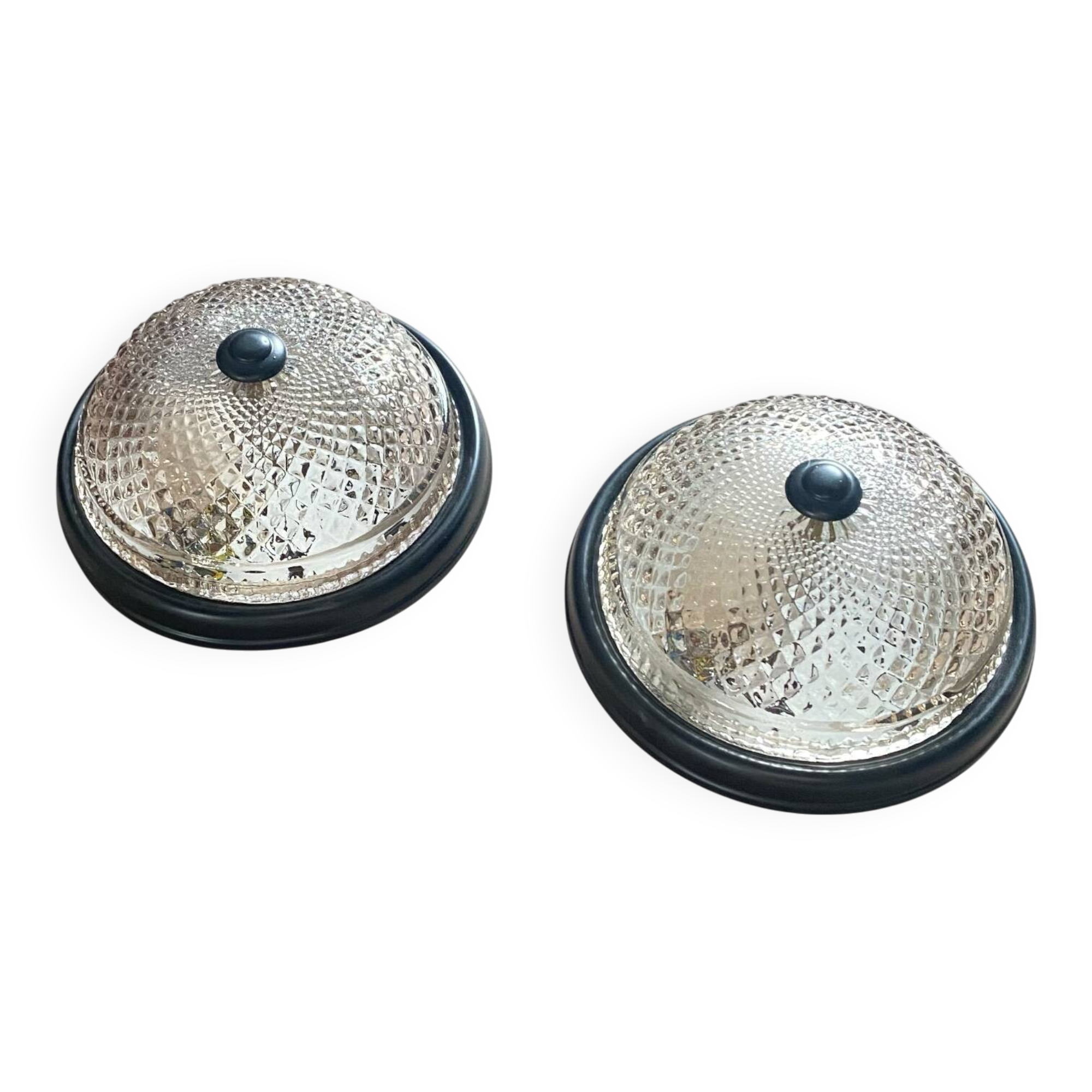 Small pair of vintage ceiling sconces in glass and black metal.