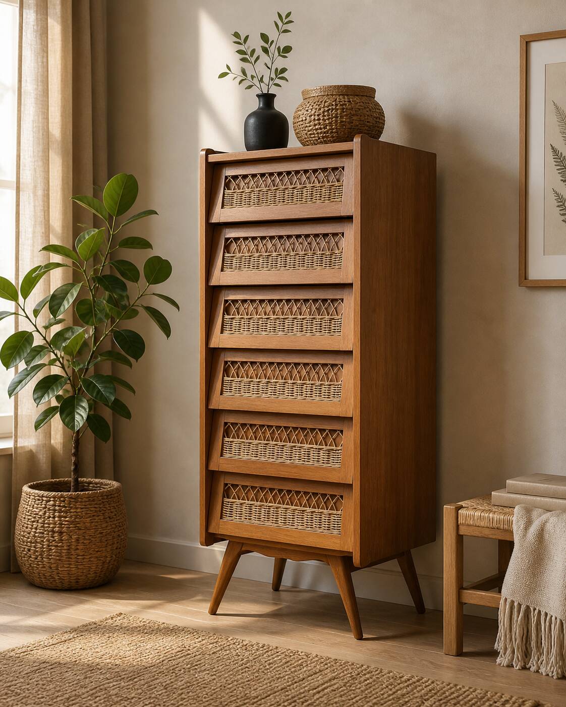 Vintage rattan chest of drawers with splayed legs from the 1950s.