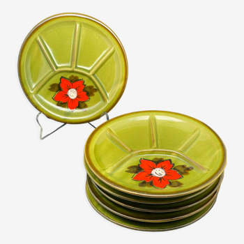 6 assiettes compartimentées vertes avec fleurs rouges