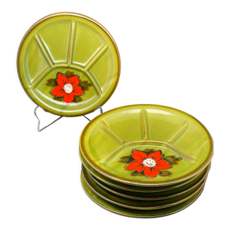 6 green compartmentalized plates with red flowers
