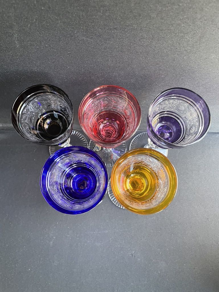 Josephinenhütte - red wine glasses (5) - Art Nouveau - Cut and engraved Crystal Roemer