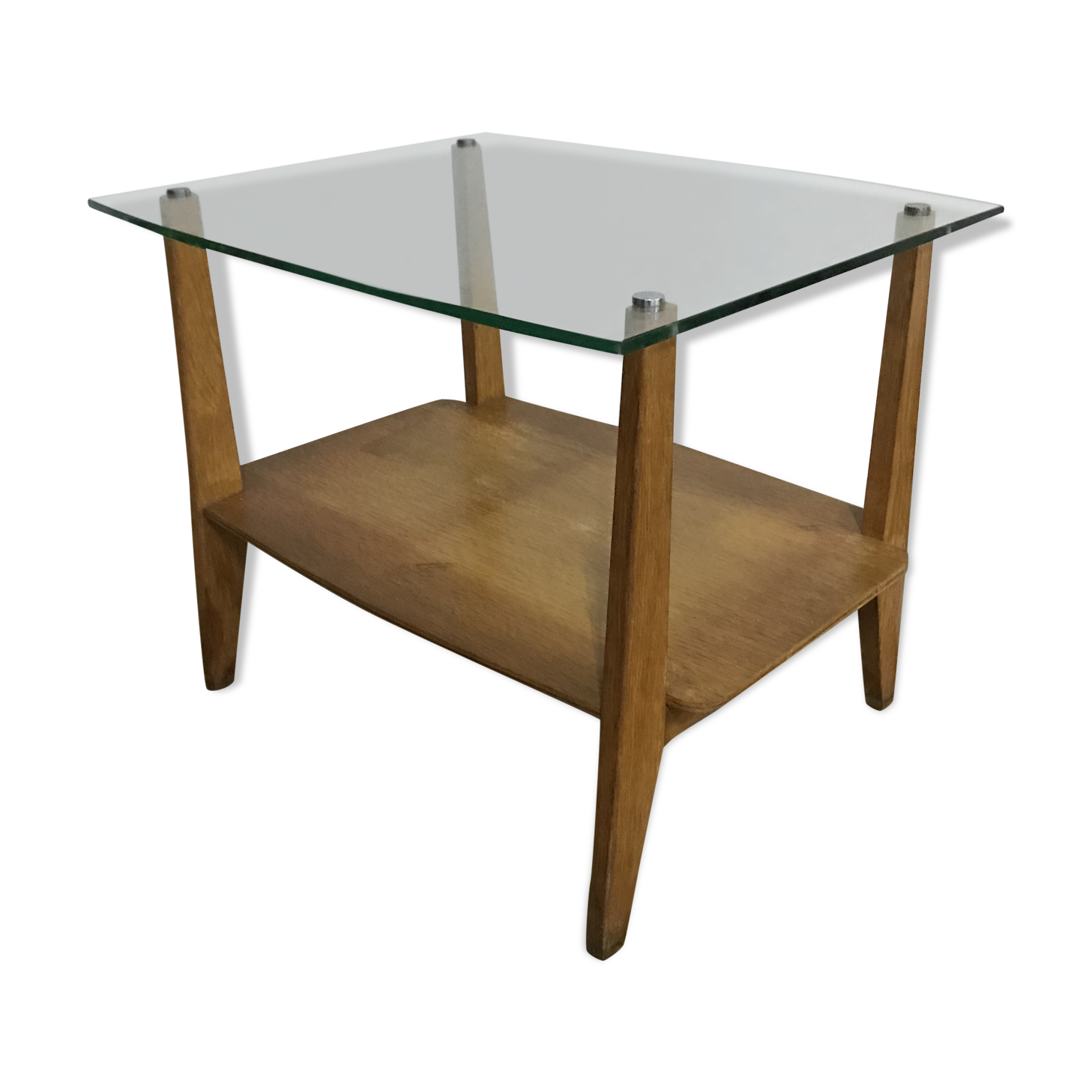 Glass coffee table with oak triangle shape 1950 1960 vintage modernist
