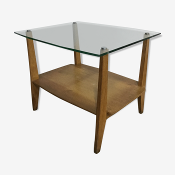 Glass coffee table with oak triangle shape 1950 1960 vintage modernist