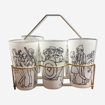 Lot de verres et porte verres dessinés par Cabù