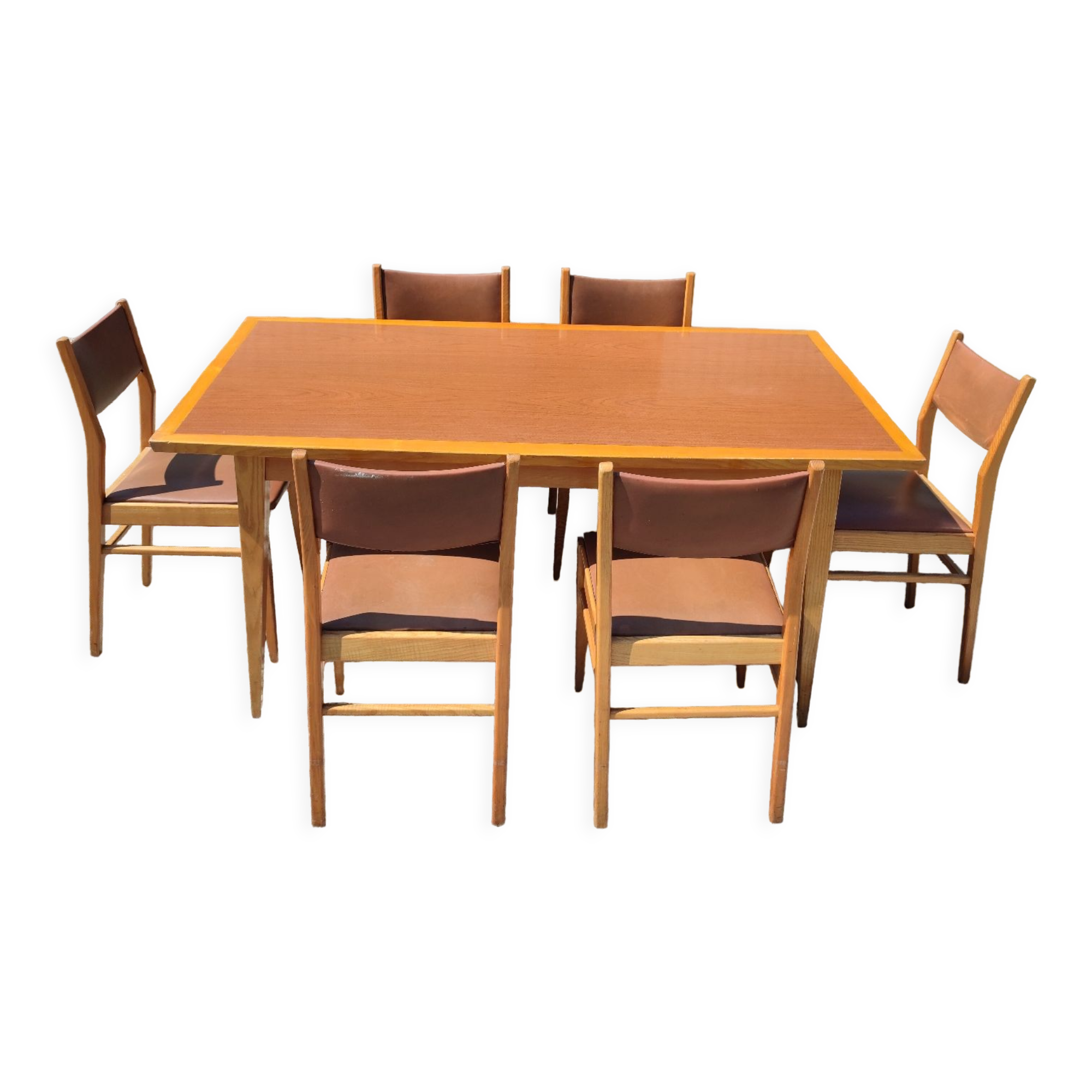 Formica teak table + 10 vintage Scandinavian style chairs