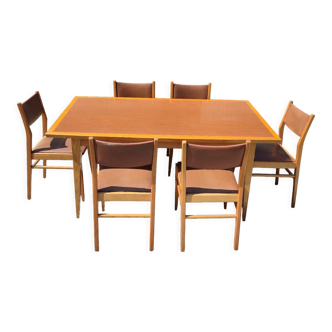 Formica teak table + 10 vintage Scandinavian style chairs