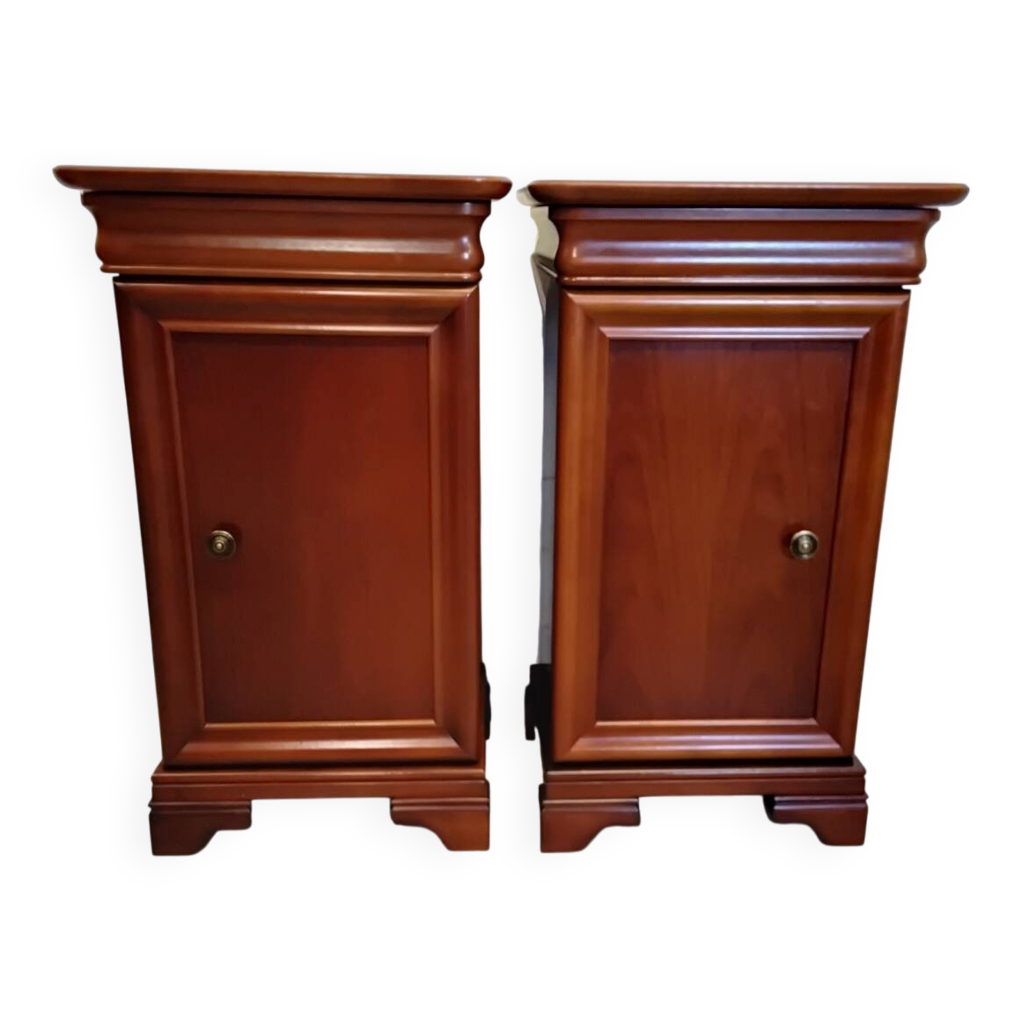 Pair of Louis Philippe style bedside tables in cherry wood.
