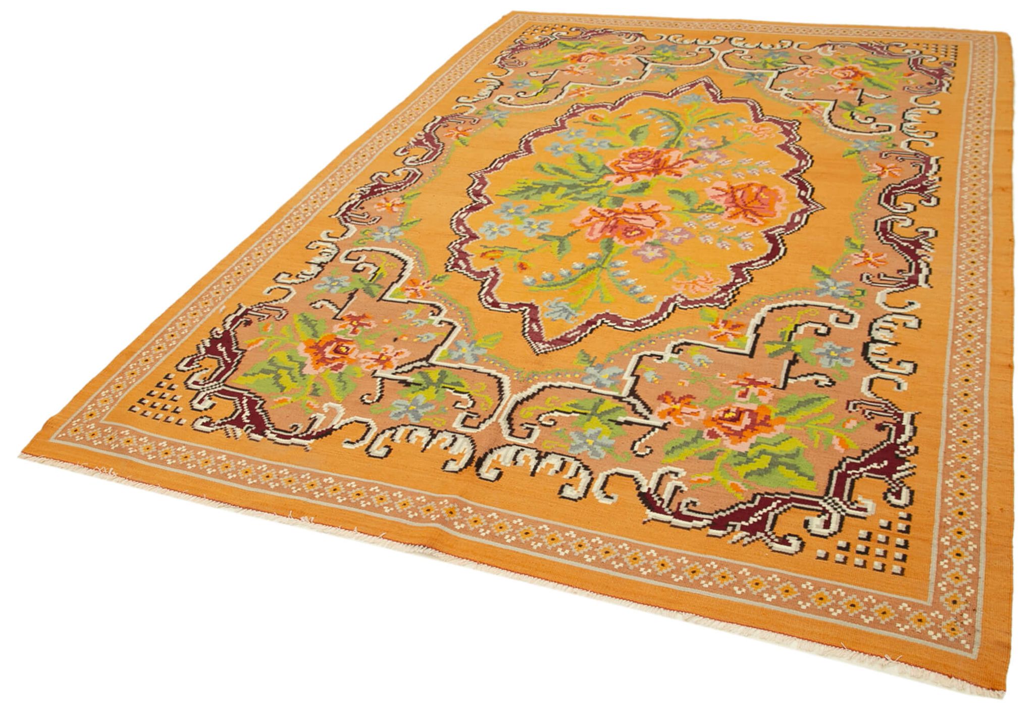 Handmade Vintage Moldovan Yellow Kilim 200 cm x 300 cm