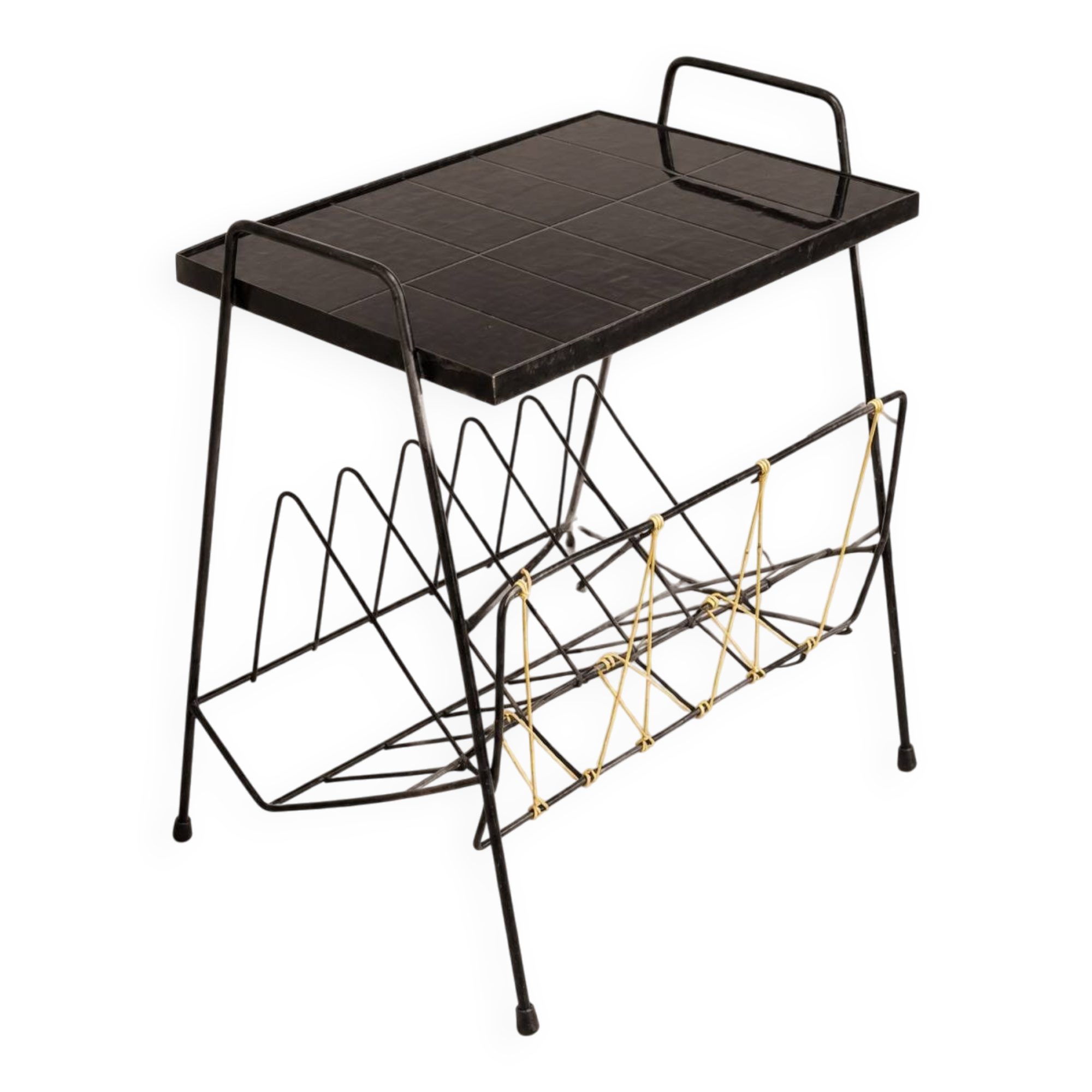 Vintage magazine/vinyl rack table – Black tiled top, scoubidou trim