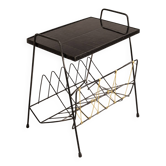 Vintage magazine/vinyl rack table – Black tiled top, scoubidou trim