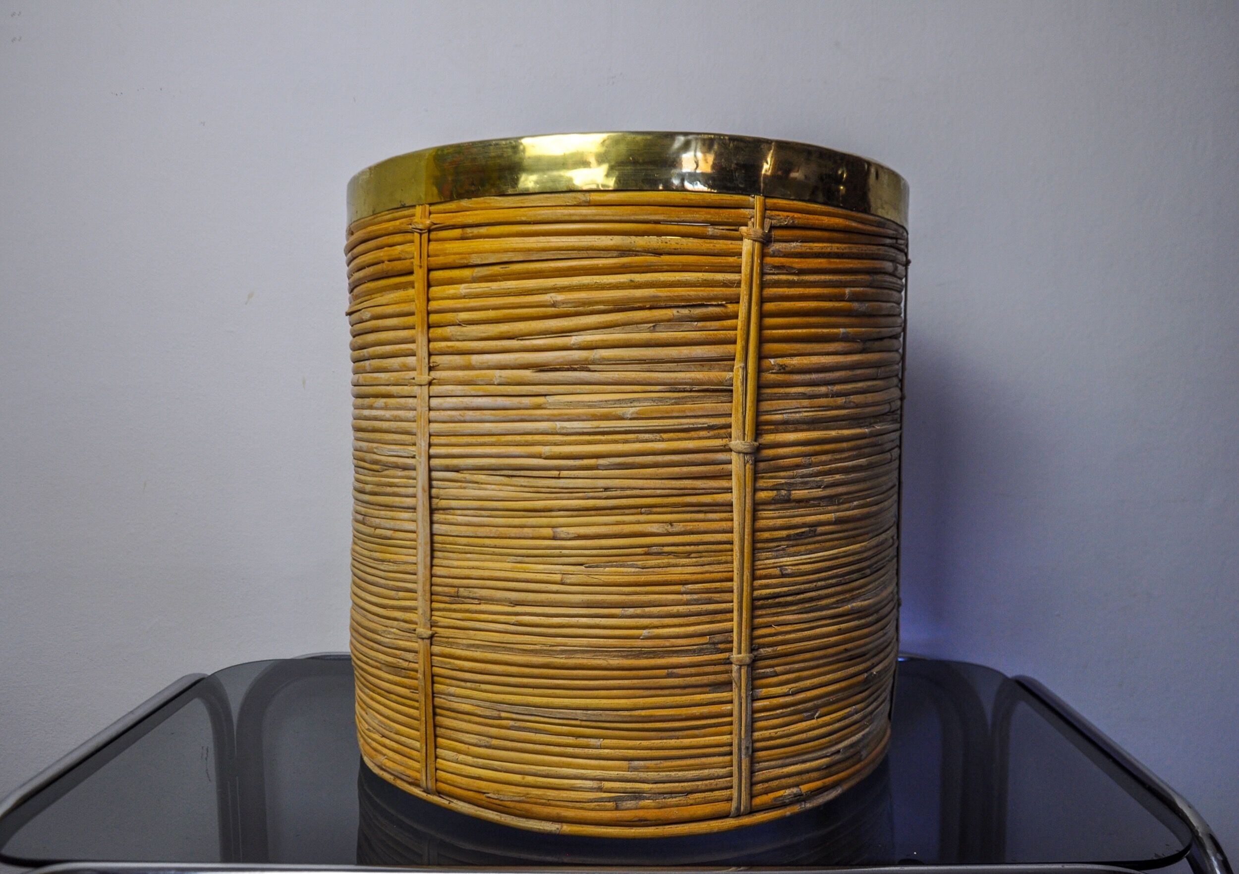 Basket xl in rattan and brass, italy, 1970, 41cm diam