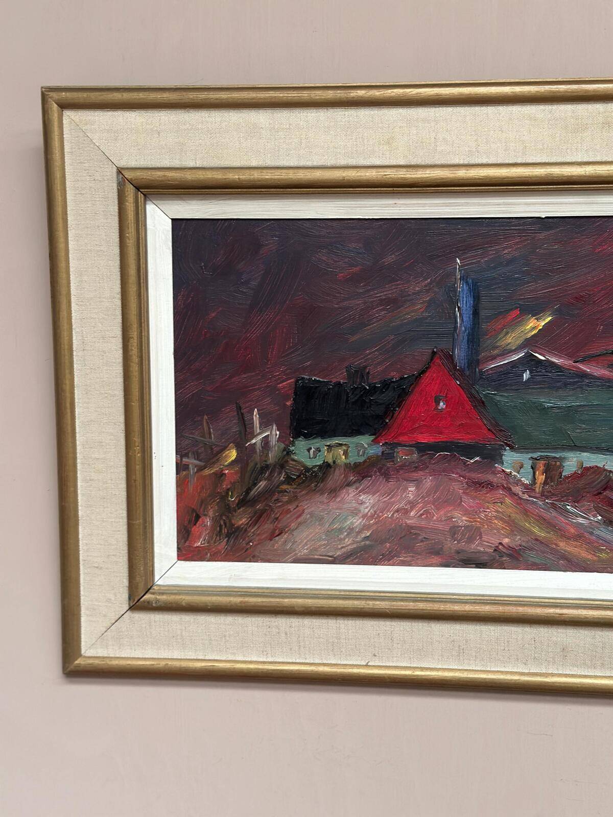 Original Swedish Oil on Panel – “Huts” – Vintage & Framed – 77 × 41 cm