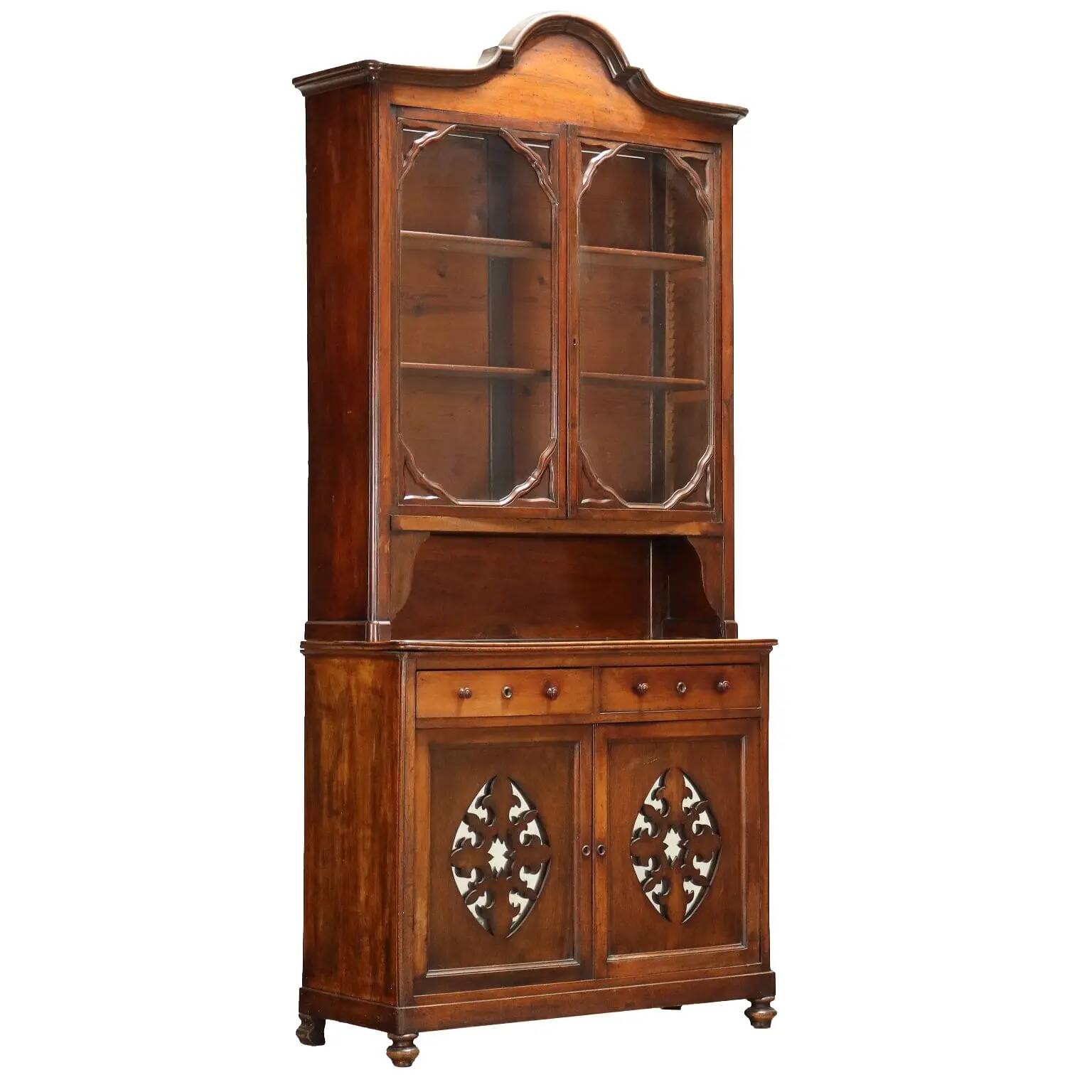 Antique double-bodied display cabinet with walnut drawers, Italy, 20th century.
