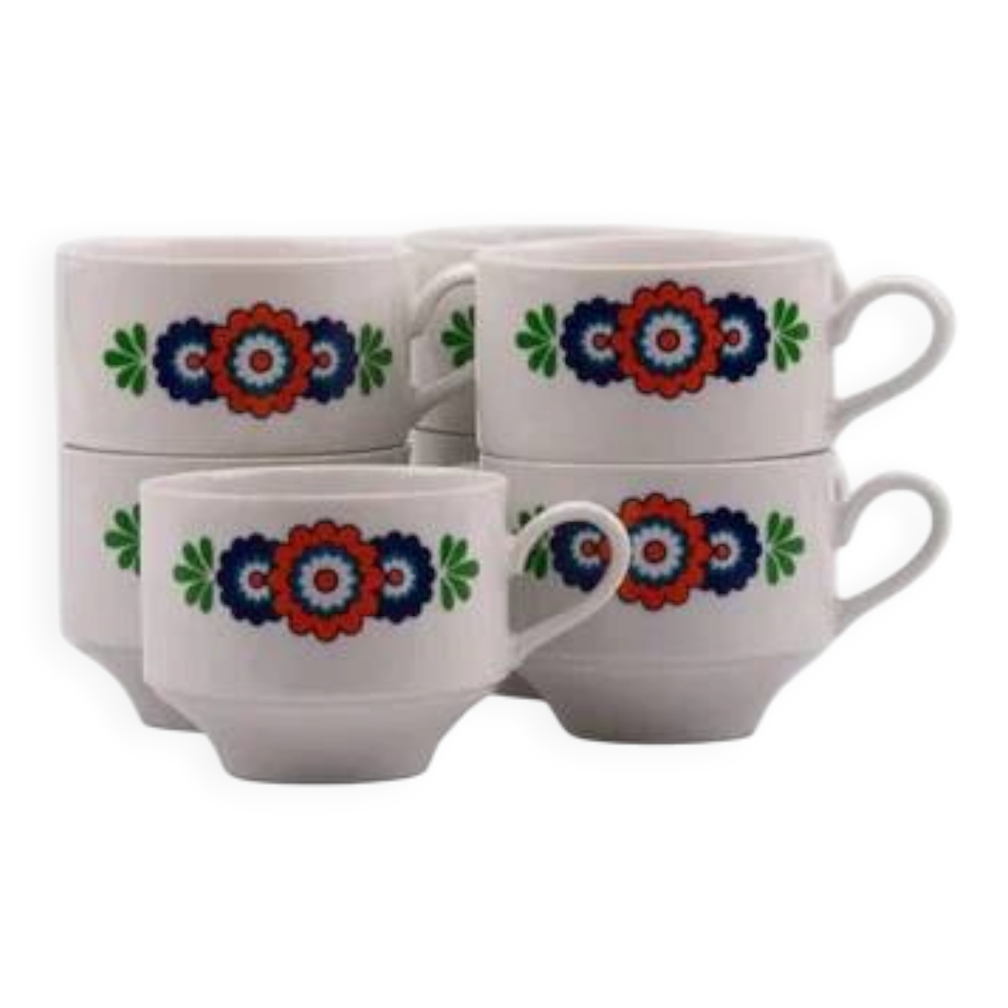 7 white porcelain cups from Winterling with coloured patterns.