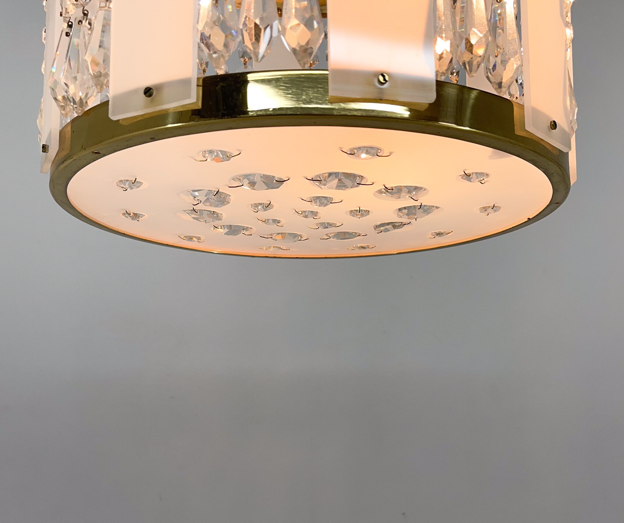 1970's Brass & Crystal Pendant Light by Novy Bydzov Glasswork, Czechoslovakia
