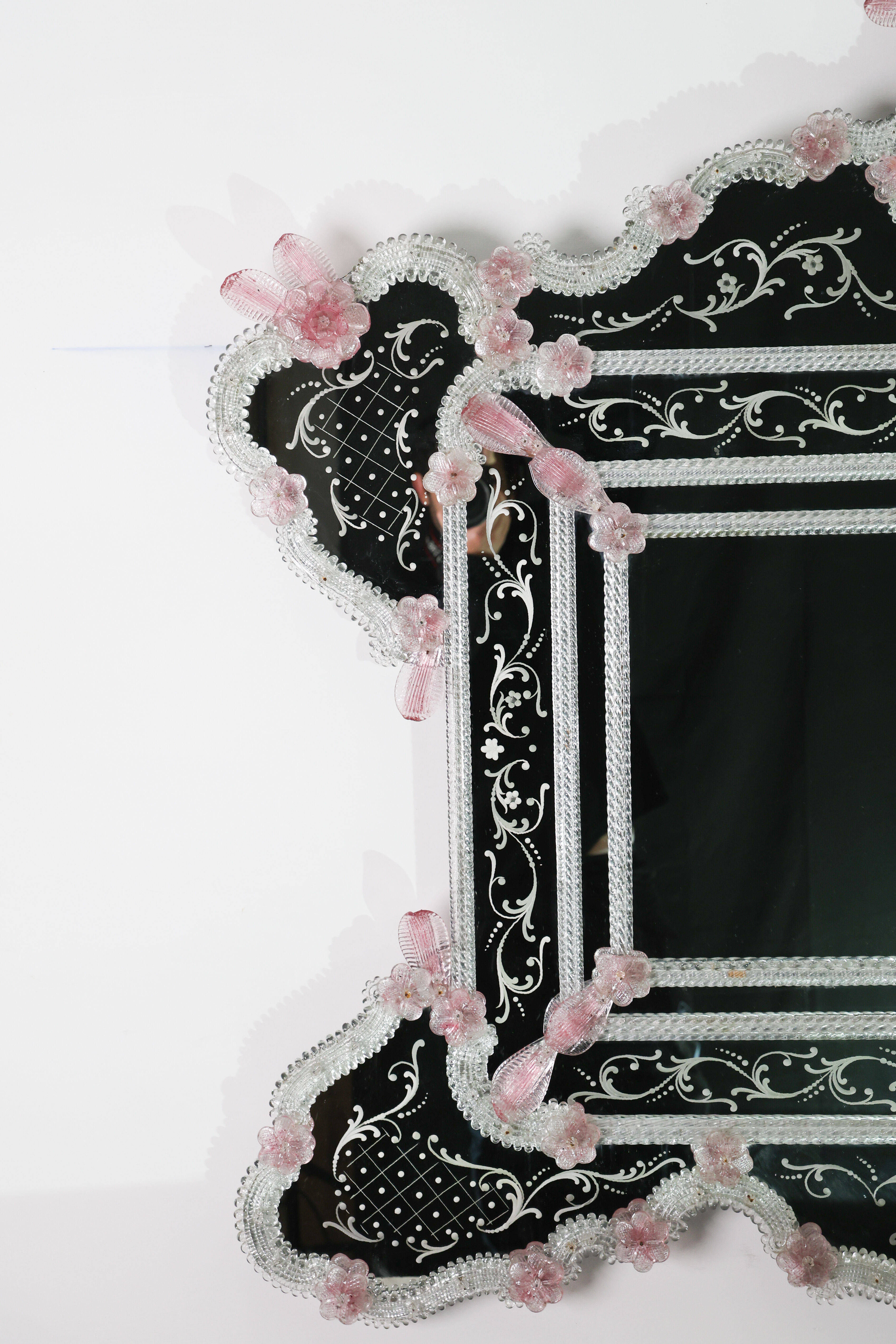 Exceptional Extra Large Size Vintage Pink Murano Glass Wall Mirror, 1950s