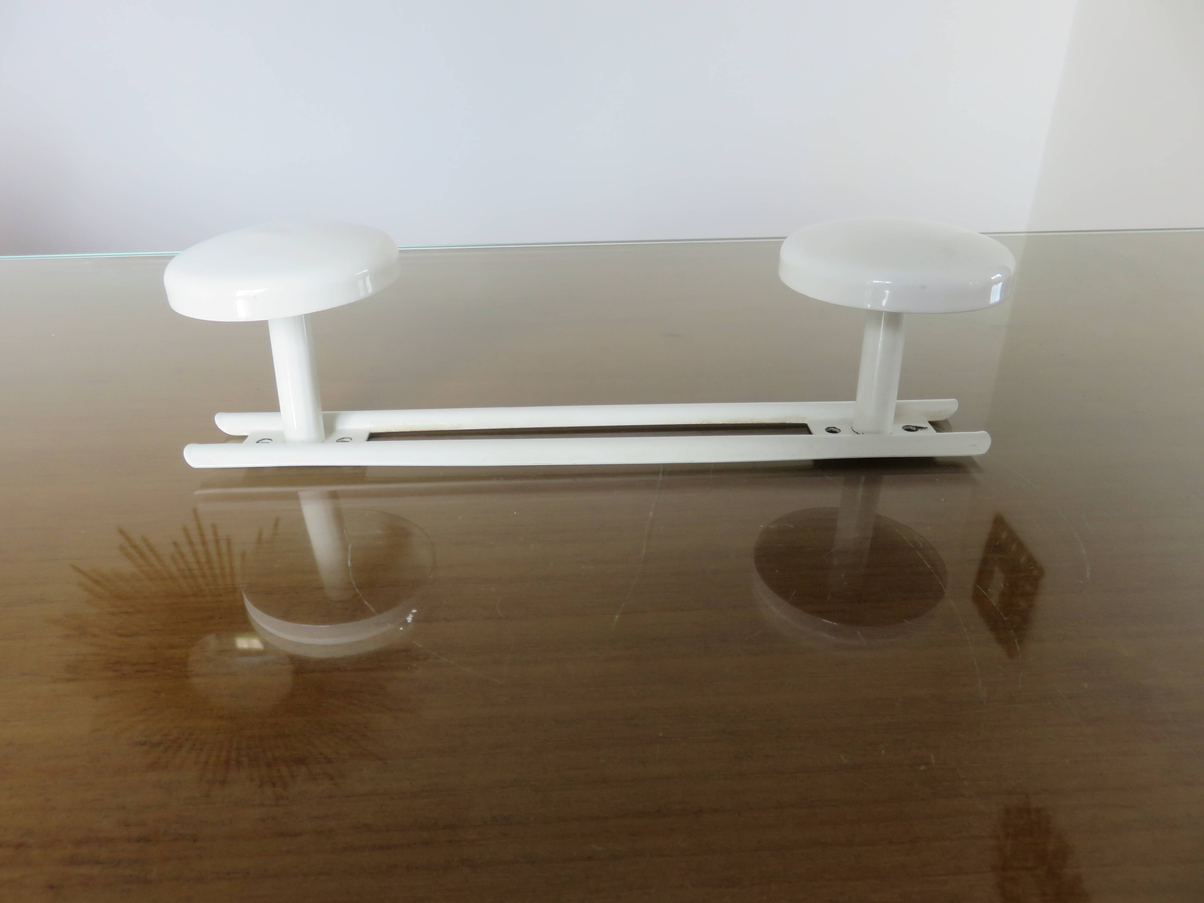 Wall coat rack in white lacquered metal with 2 hooks, 1970.