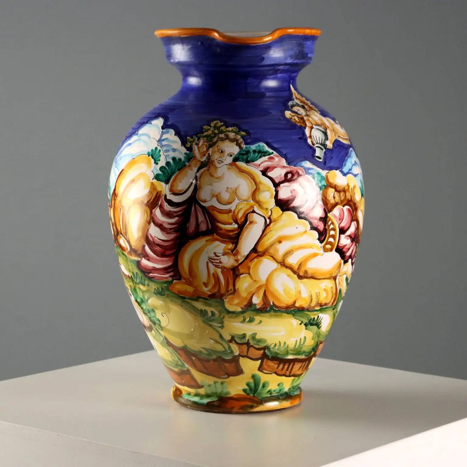 Ancient amphora in majolica, Taccini manufacture, Italy, 20th century.