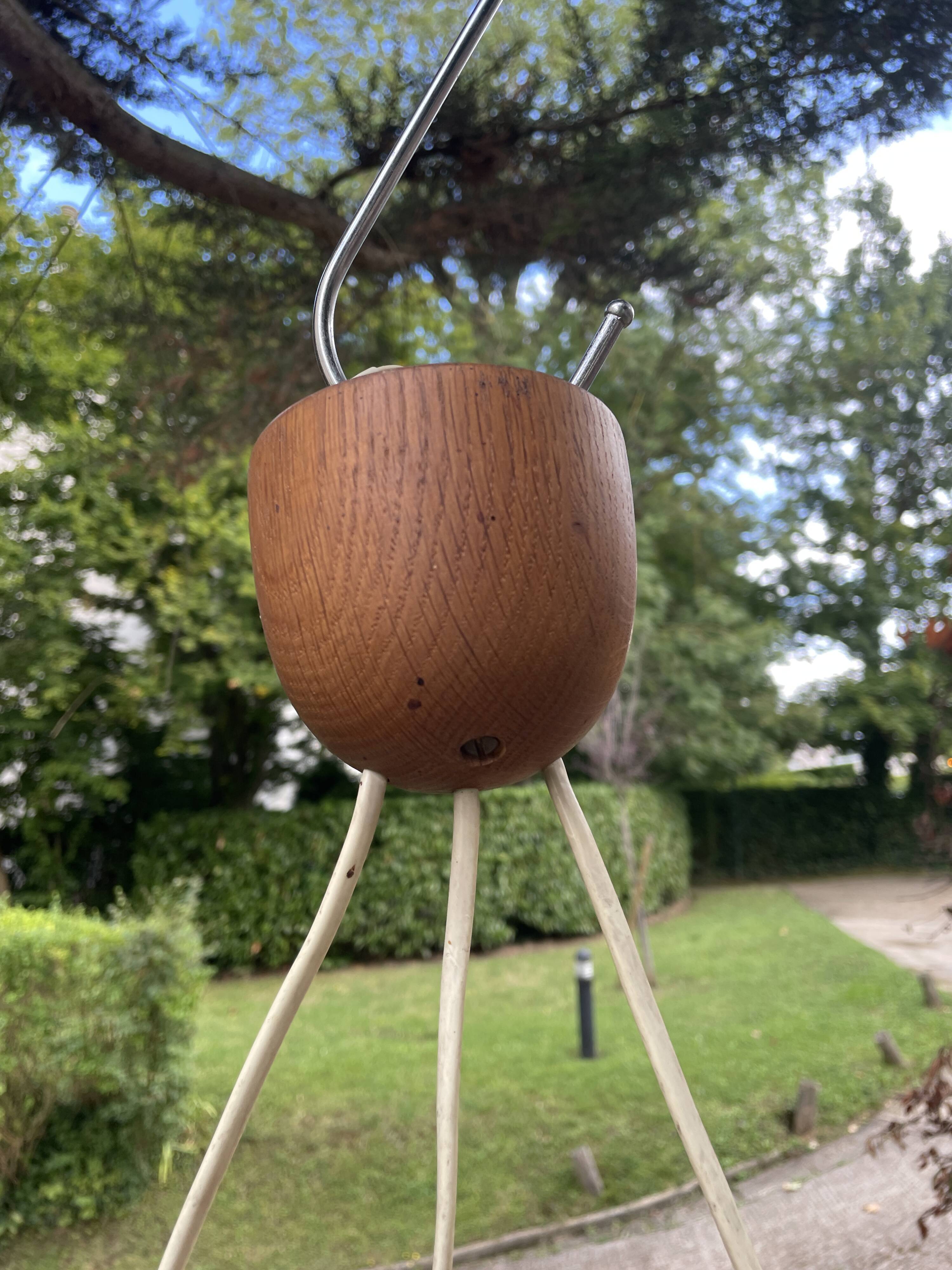 Scandinavian triple pendant light in Opaline and oak by Uno & Östen Kristiansson.