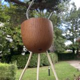 Scandinavian triple pendant light in Opaline and oak by Uno & Östen Kristiansson.