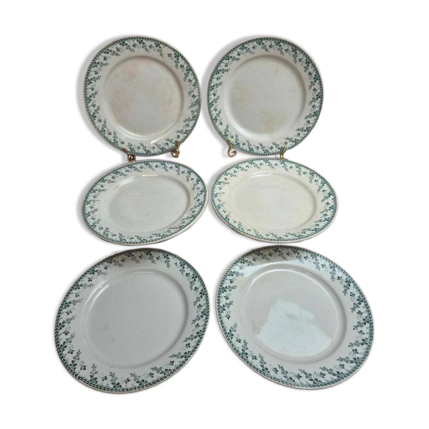 Set of 6 flat plates, Gien Montigny ironstone – old green decoration.