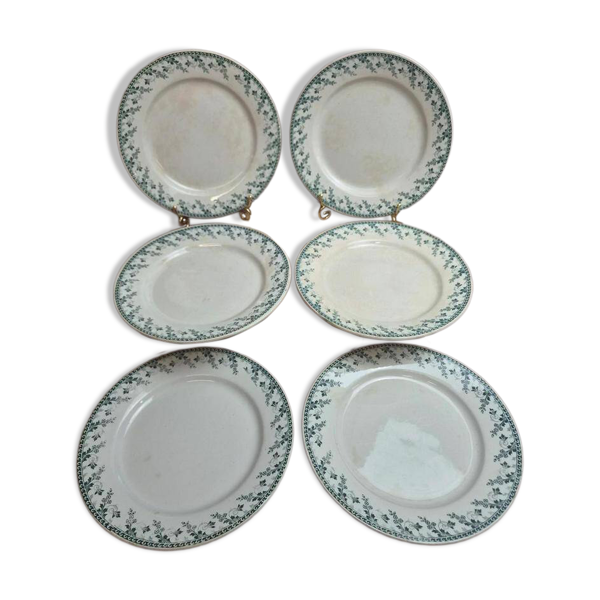 6 assiettes plates en terre de fer Gien Montigny – décor vert ancien