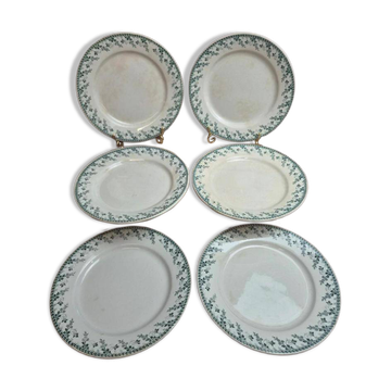 Set of 6 flat plates, Gien Montigny ironstone – old green decoration.