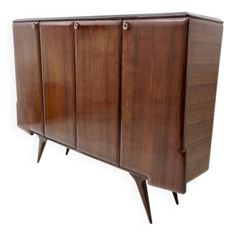 Vintage Walnut Highboard with Mirrored Interiors and Brass Details Italy