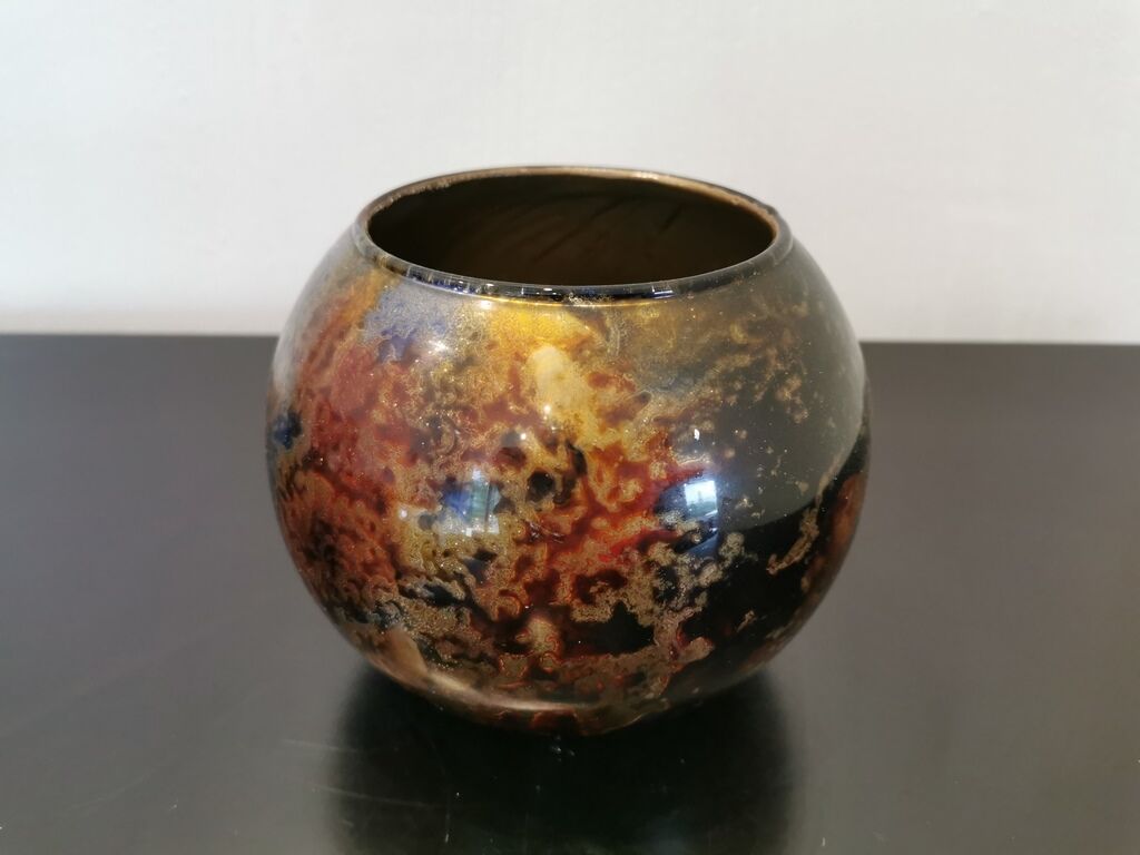 Glass ball vase signed Laque line