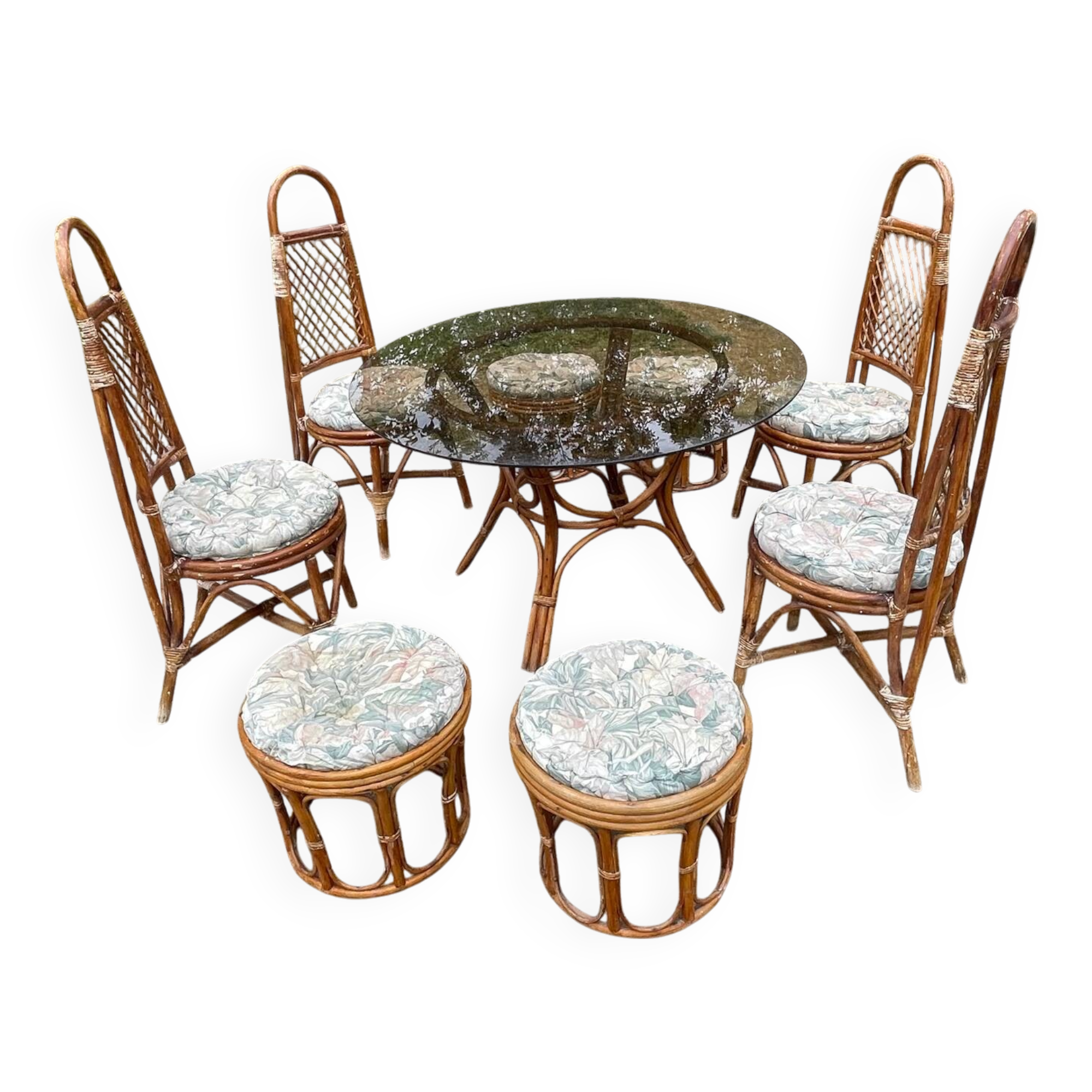 Vintage rattan dining set with glass table, 4 chairs and 4 stools.