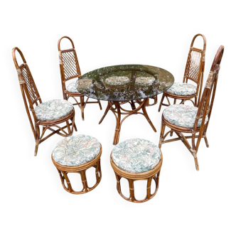 Vintage rattan wicker dining room set with glass table, 4 chairs and 4 stools