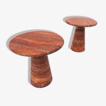 Pair of Contemporary Italian Red Travertine Side Tables