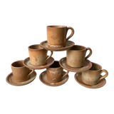 Set of 6 handcrafted stoneware cups and sub-cups 70s