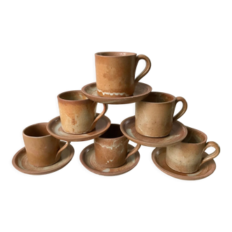 Set of 6 handcrafted stoneware cups and sub-cups 70s