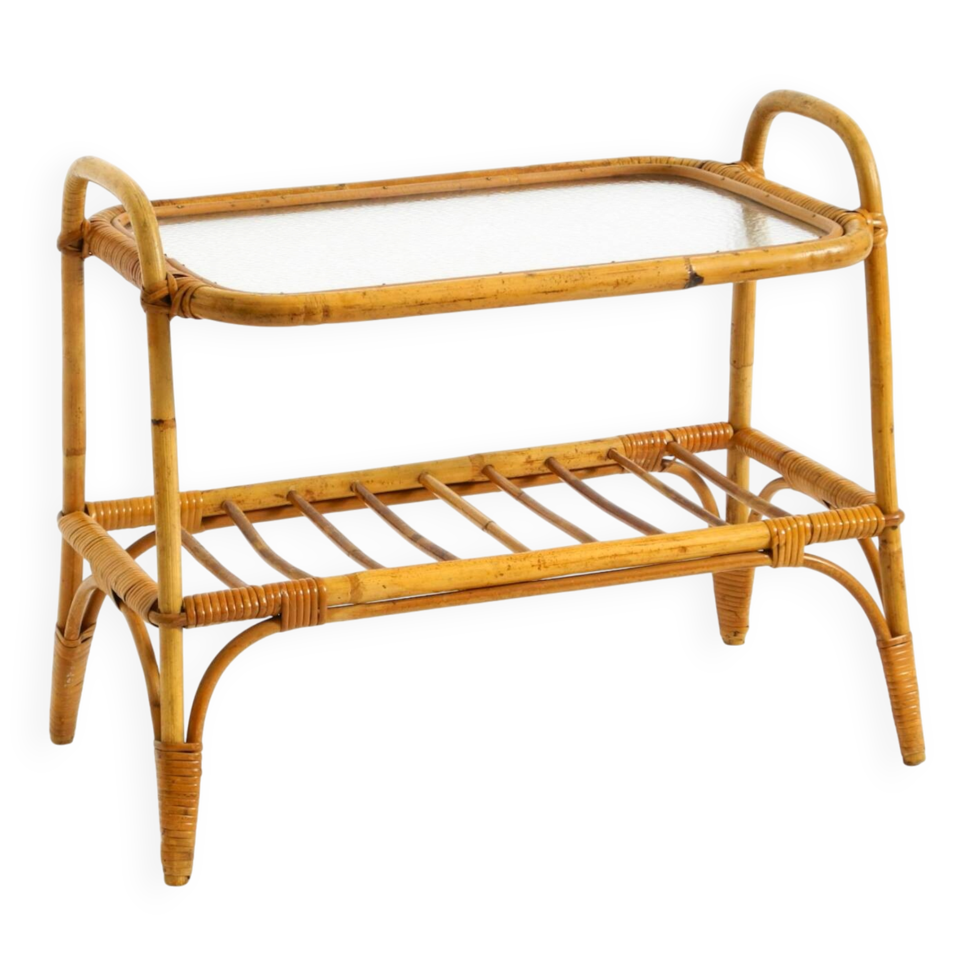 Lovely small Italian 60s bamboo side or coffee table with a iced glass top