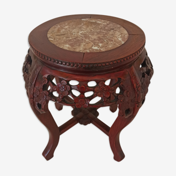 Carved wooden side table, red marble top embedded