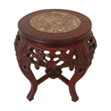 Carved wooden side table, red marble top embedded