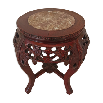 Carved wooden side table, red marble top embedded