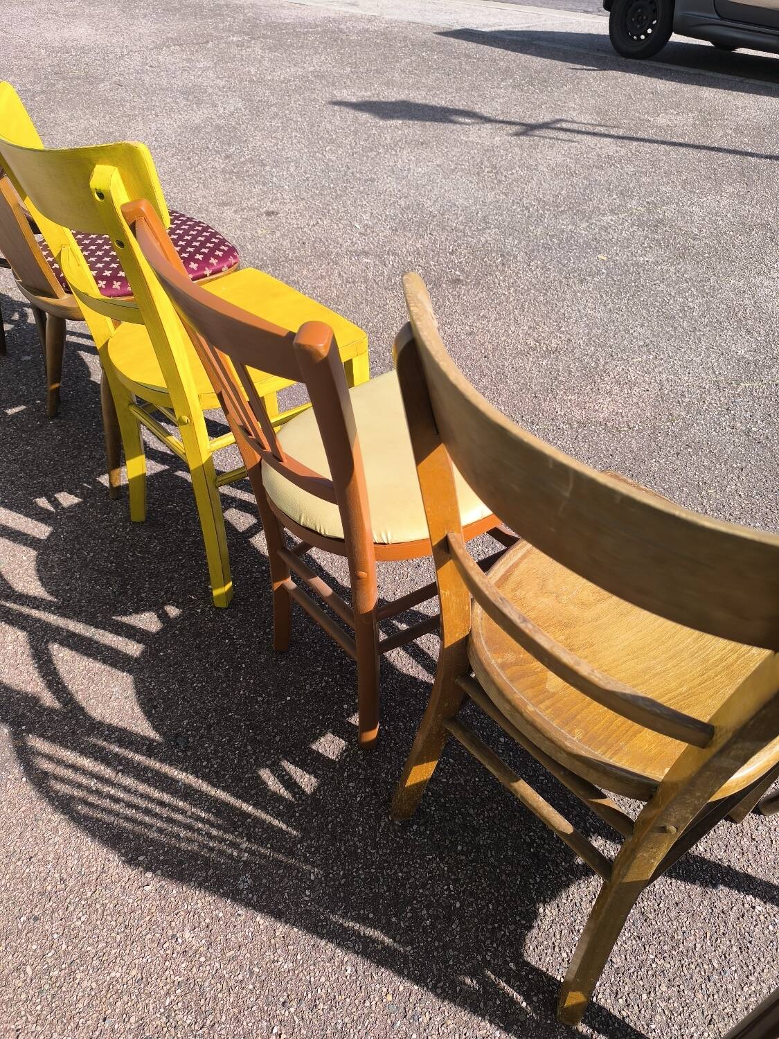 Set of 6 mismatched vintage wooden bistro chairs
