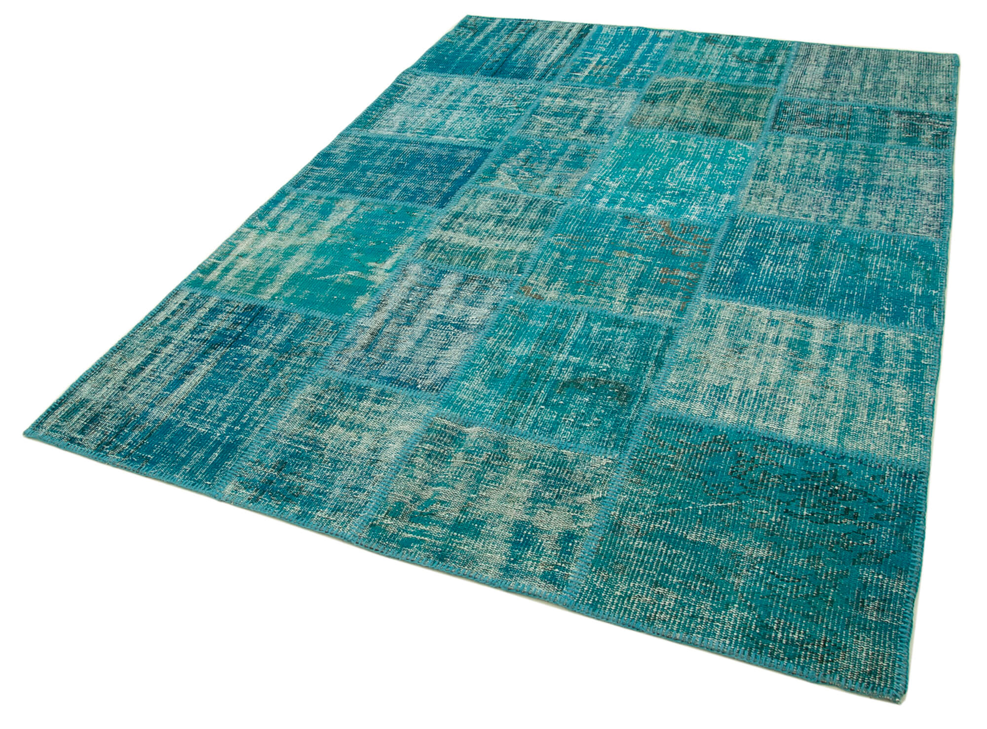 Handmade Turkish Overdyed 172 cm x 238 cm Turquoise Patchwork Carpet