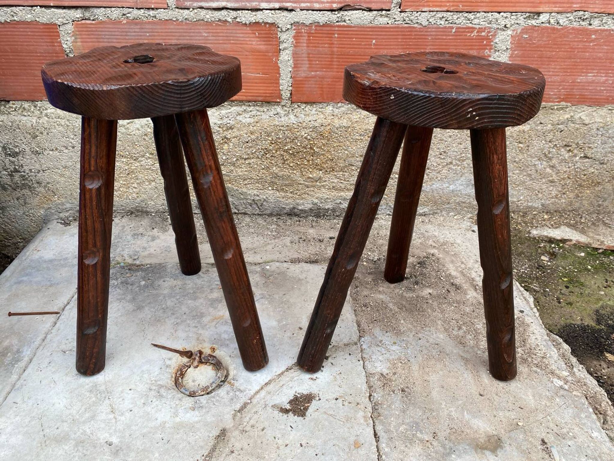 Pair of Antique Milking Stools, Tripod, Raw Wood, Folk Art, Vintage