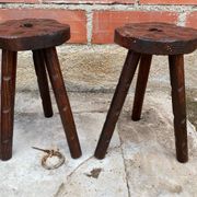 Pair of Antique Milking Stools, Tripod, Raw Wood, Folk Art, Vintage