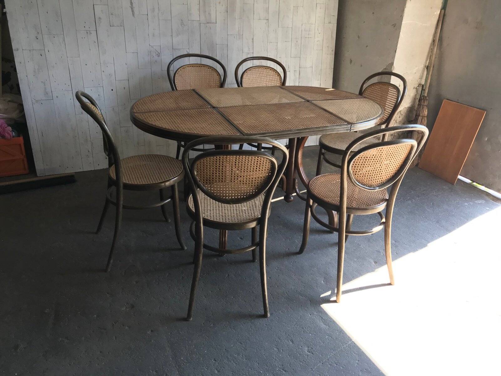 Brown Scandinavian wooden and cane set: 1960s table + 6 chairs (set of 7)