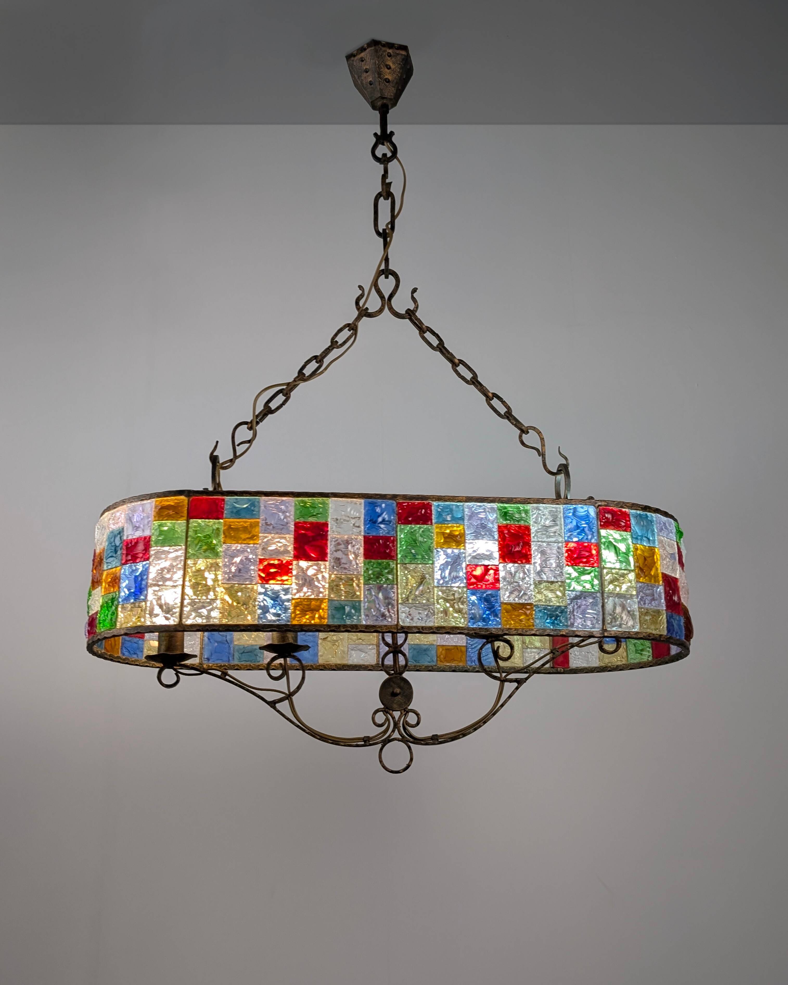 Large Italian Multi-Colored Hammered Crystal and Wrought Iron Chandelier