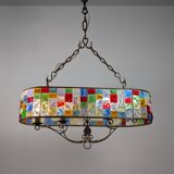 Large Italian Multi-Colored Hammered Crystal and Wrought Iron Chandelier