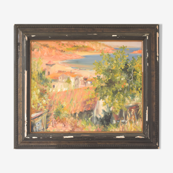 Impressionist seaside landscape with village