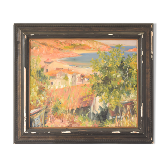 Impressionist seaside landscape with village