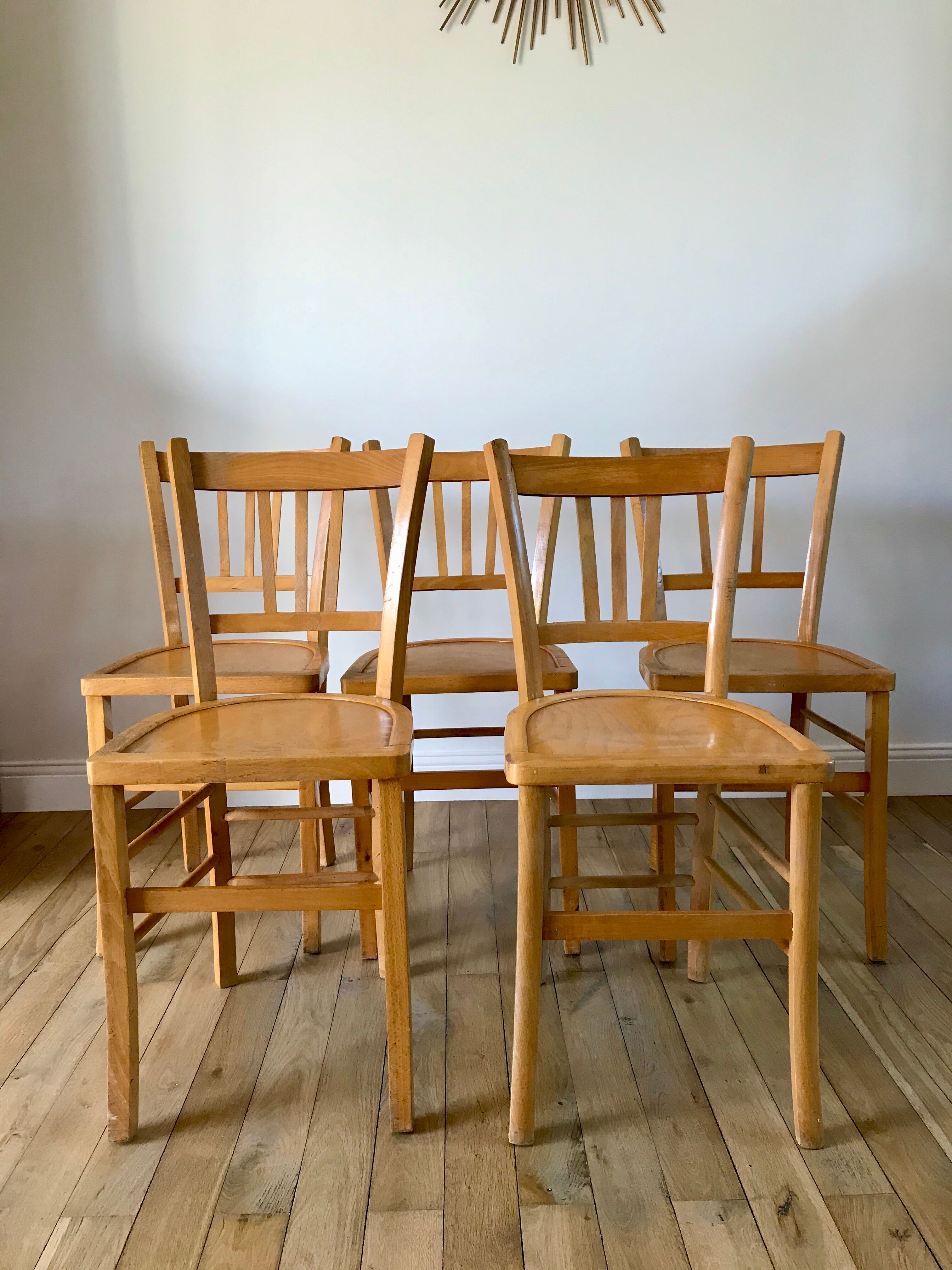 Set of 5 Luterma light blond wood bistro chairs from the 50s