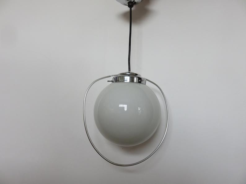 Hanging lamp Bauhaus white opaline ball and chrome metal 30 40 years